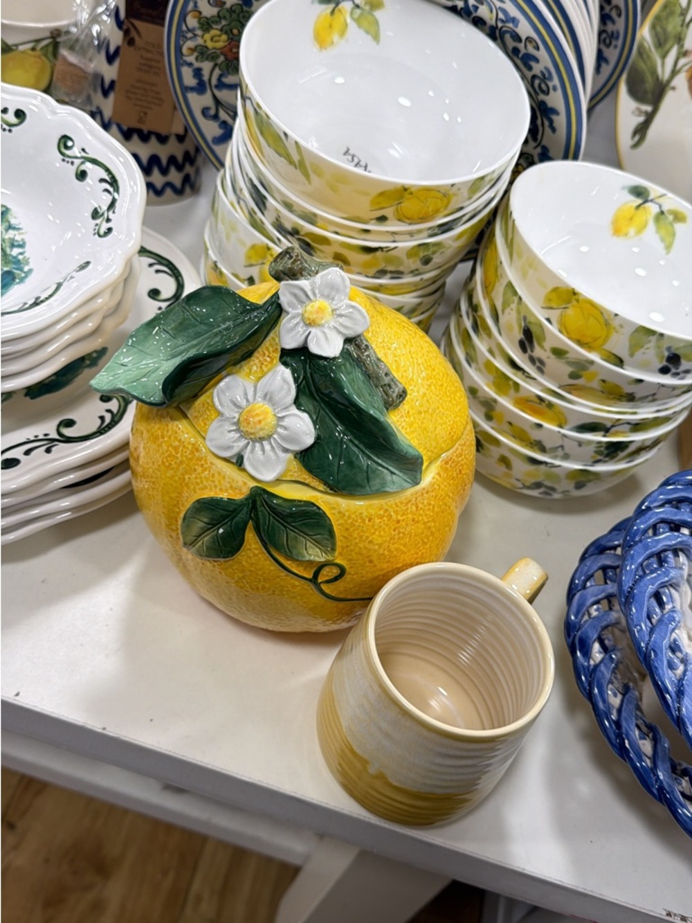 Ceramic Lemon Jar with Floral Accent - Yellow & Green